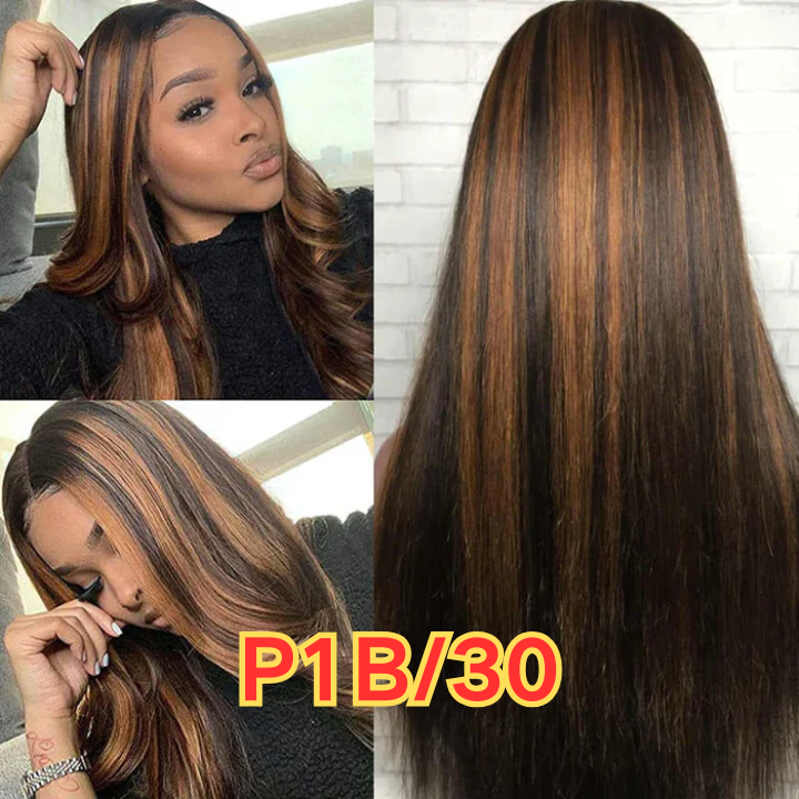 P1B/30 Black with Auburn Highlights human hair lace front wig