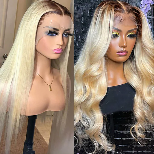 T4/613 Brown Root Blonde Ombre human hair lace front wig