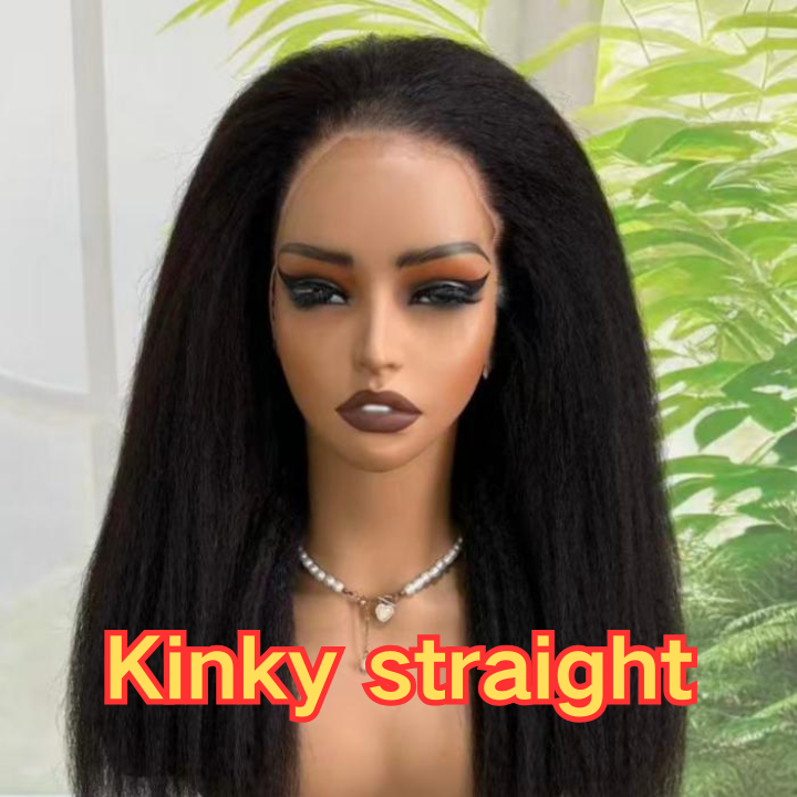 Kinky Straight human hair glueless lace front wig, natural color