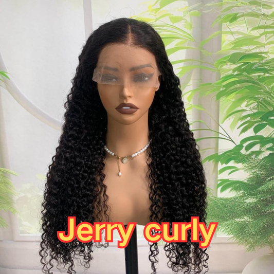 Jerry Curly human hair glueless lace front wig, natural color