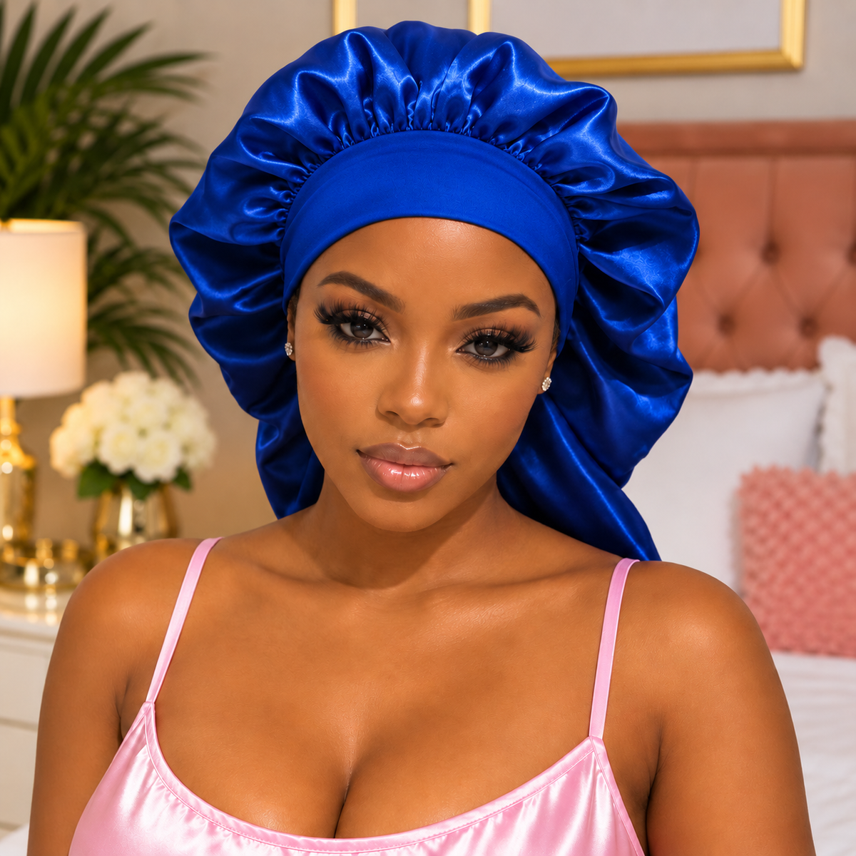 Woman wearing cobalt blue British Virgin Islands satin bonnet
