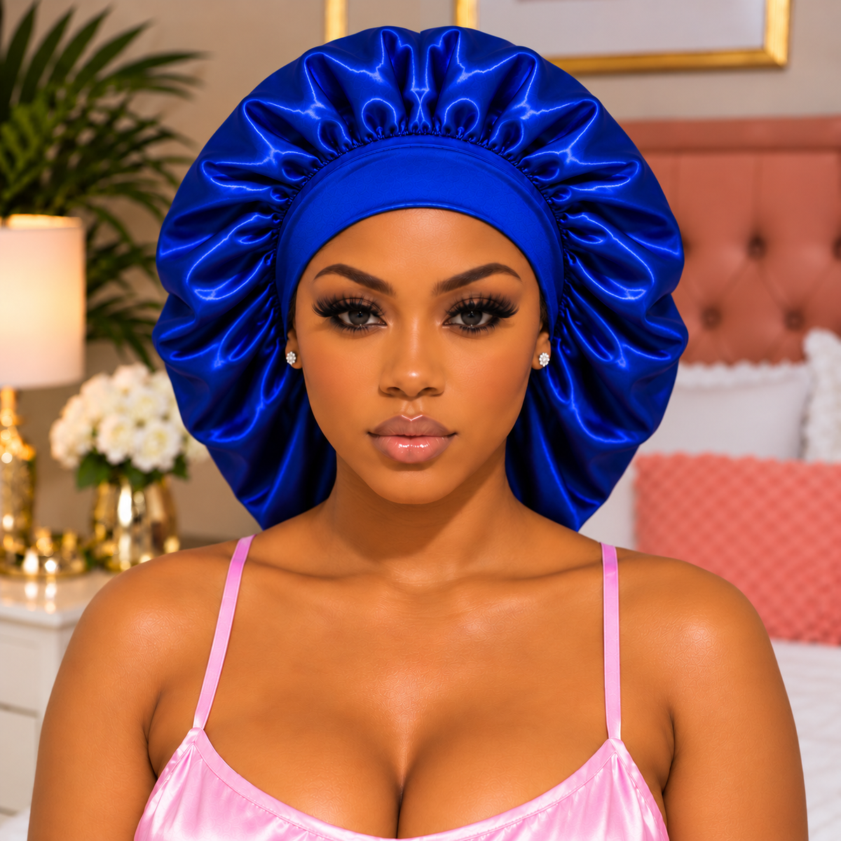 Woman wearing blue British Virgin Islands satin bonnet in bedroom