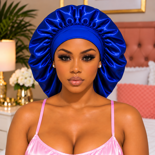 Woman wearing blue British Virgin Islands satin bonnet in bedroom
