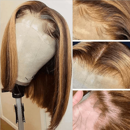 P4/27 Brown with Honey Blonde Highlights Short Bob Wig human hair lace bob wig