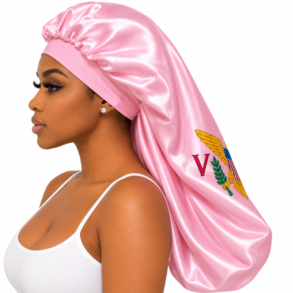 U.S. Virgin Islands Pink Satin Hair Bonnet – Double Layer Flag Bonnet