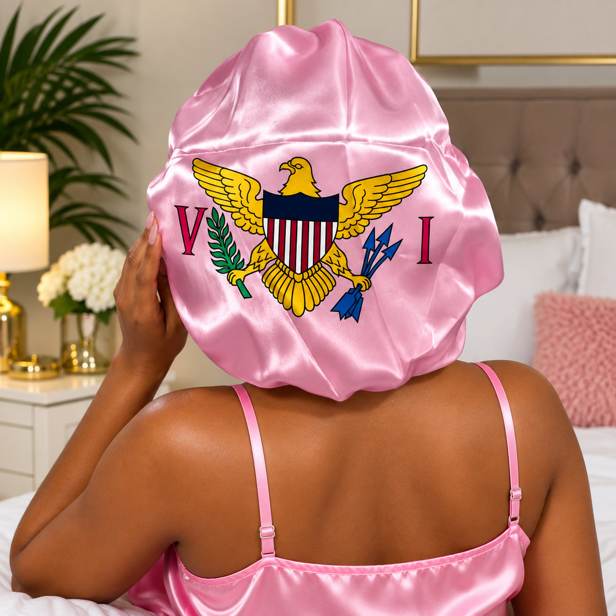 U.S. Virgin Islands Pink Satin Hair Bonnet – Double Layer Flag Bonnet