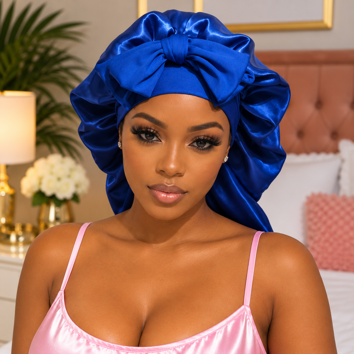 Beauty portrait in royal blue British Virgin Islands satin bonnet