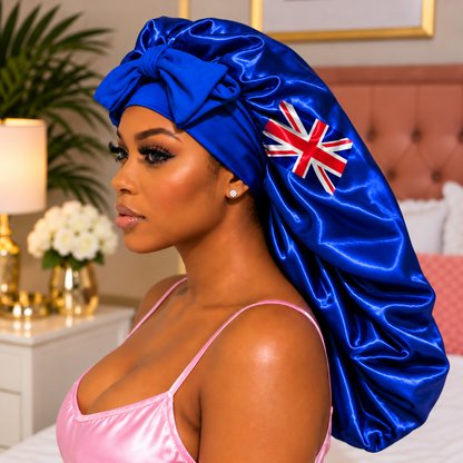 Woman wearing royal blue Union Jack British Virgin Islands satin bonnet