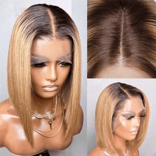T4/27 Brown Root Honey Blonde Ombre Short Bob Wig human hair lace bob wig