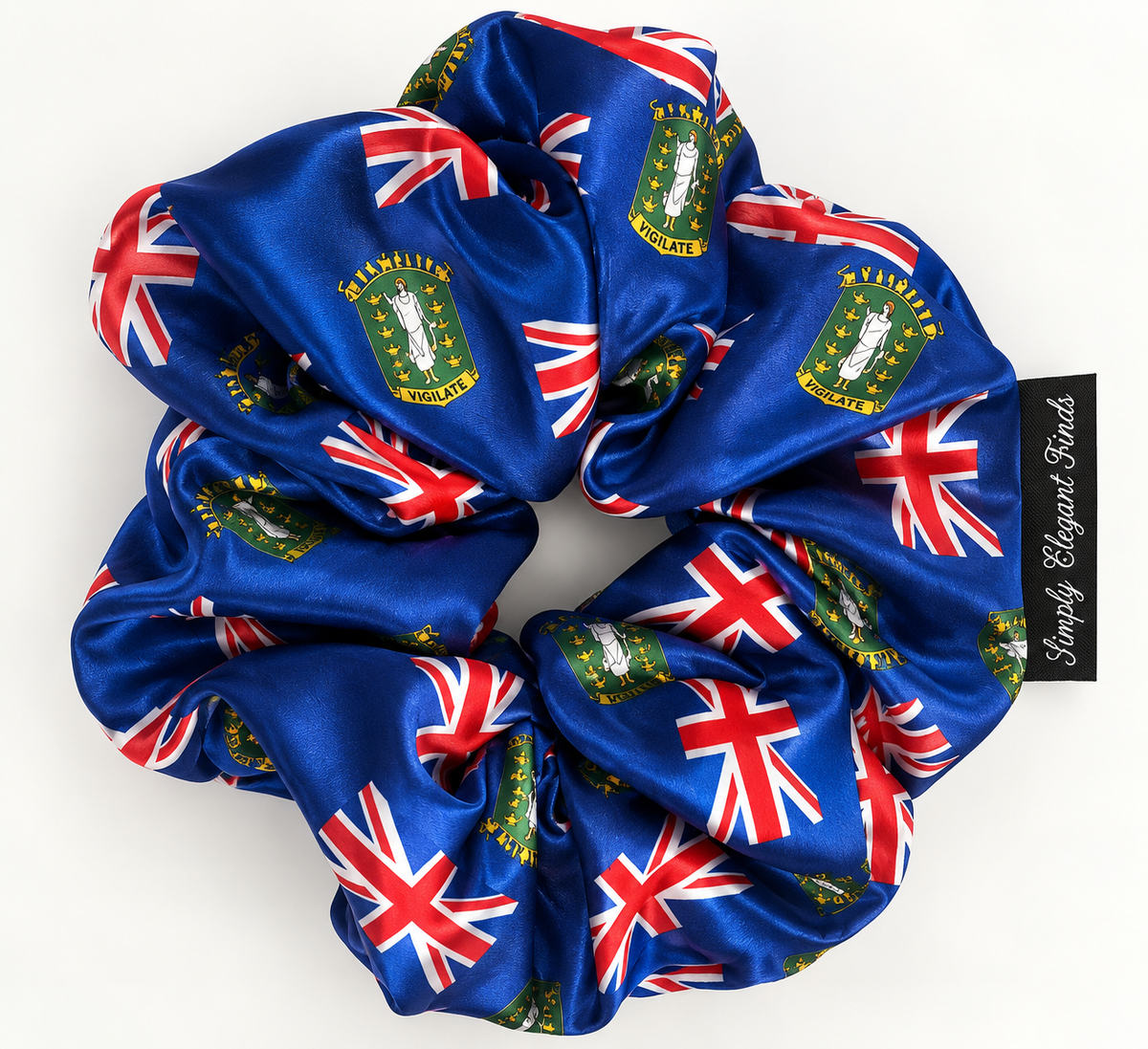 Matching satin scrunchie with Union Jack and British Virgin Islands crest, included with bonnet