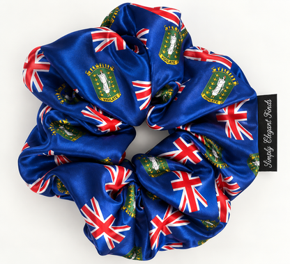 Matching satin scrunchie with Union Jack and British Virgin Islands crest, included with bonnet