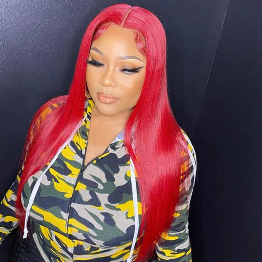 Red human hair lace front wig
